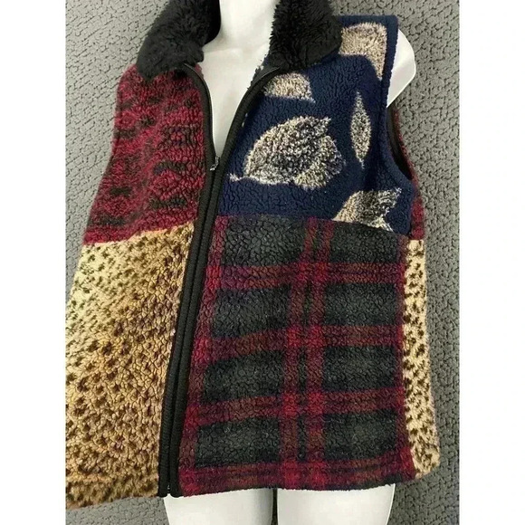 VTG Faux Fur Collar Vest Sweater MEDIUM Multi Pattern Full Zip Tally Ho Women's - Picture 3 of 9